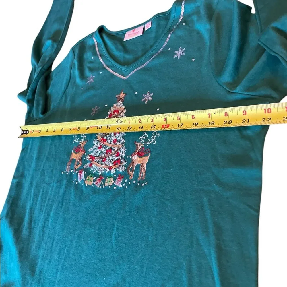 Quacker Factory Green Christmas Tree Sweater V Neck Long Sleeve Womens Large
